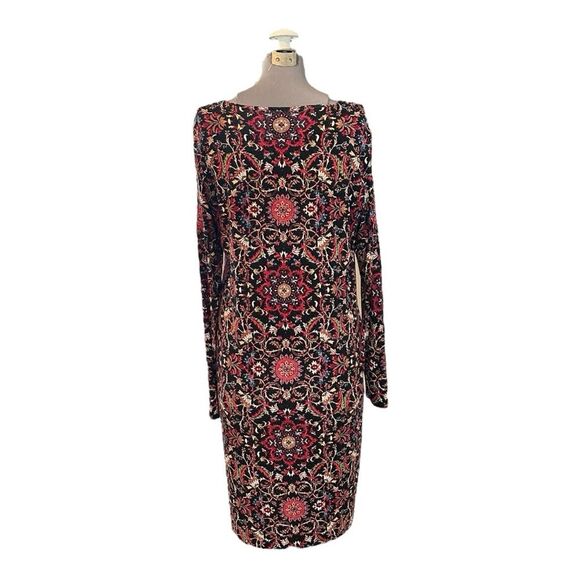 J. Jill Boho Midi Dress Size Medium Long Sleeve Vibrant Red Pink Gold Blue - Picture 4 of 6